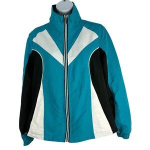 Kim Rogers Womens M Colorblock Jacket Full-Zip Polyester Teal/Black/White
